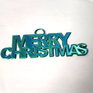 Merry Christmas Tree Decoration, Green.  7" x 2.5"